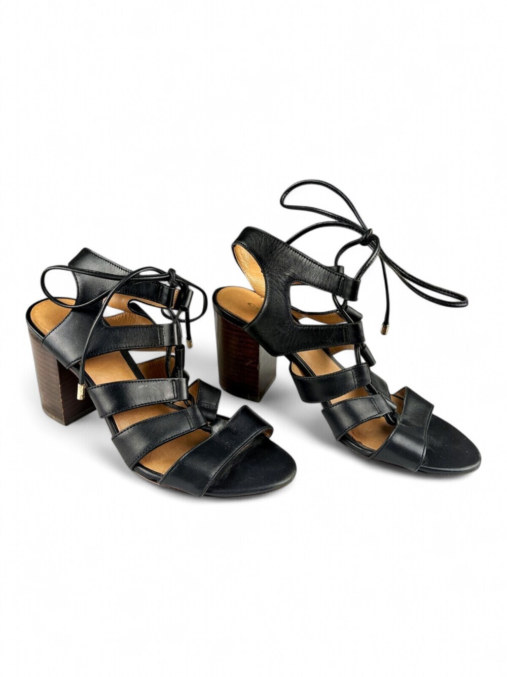 Coach Black Leather Strappy Lace-Up Block Heel Sandals Sz 6